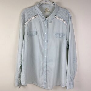 Truth | Western Boho Chambray Denim Crochet Insert Button Up Top | 3X
